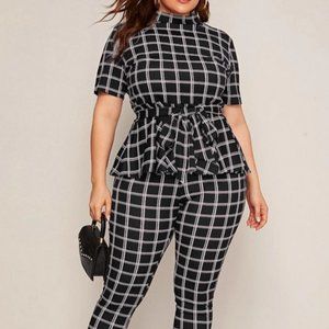 Plaid Mock-neck Belted Plaid Shirt & Matching Leggings Plus Size 20